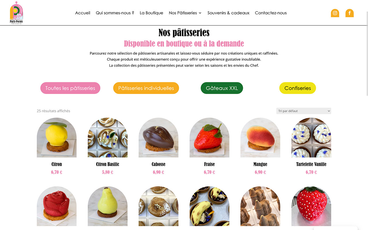 Page de présentation des pâtisseries du site web Paris-Pornic Page de présentation des pâtisseries du site web Paris-Pornic