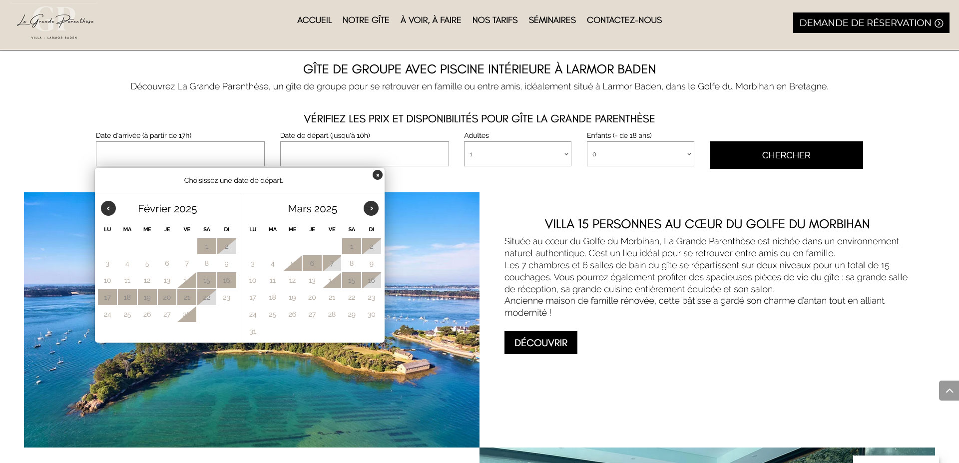 Page de réservation du gîte La Grande parenthèse à Larmor Baden dans le Golfe du Morbihan